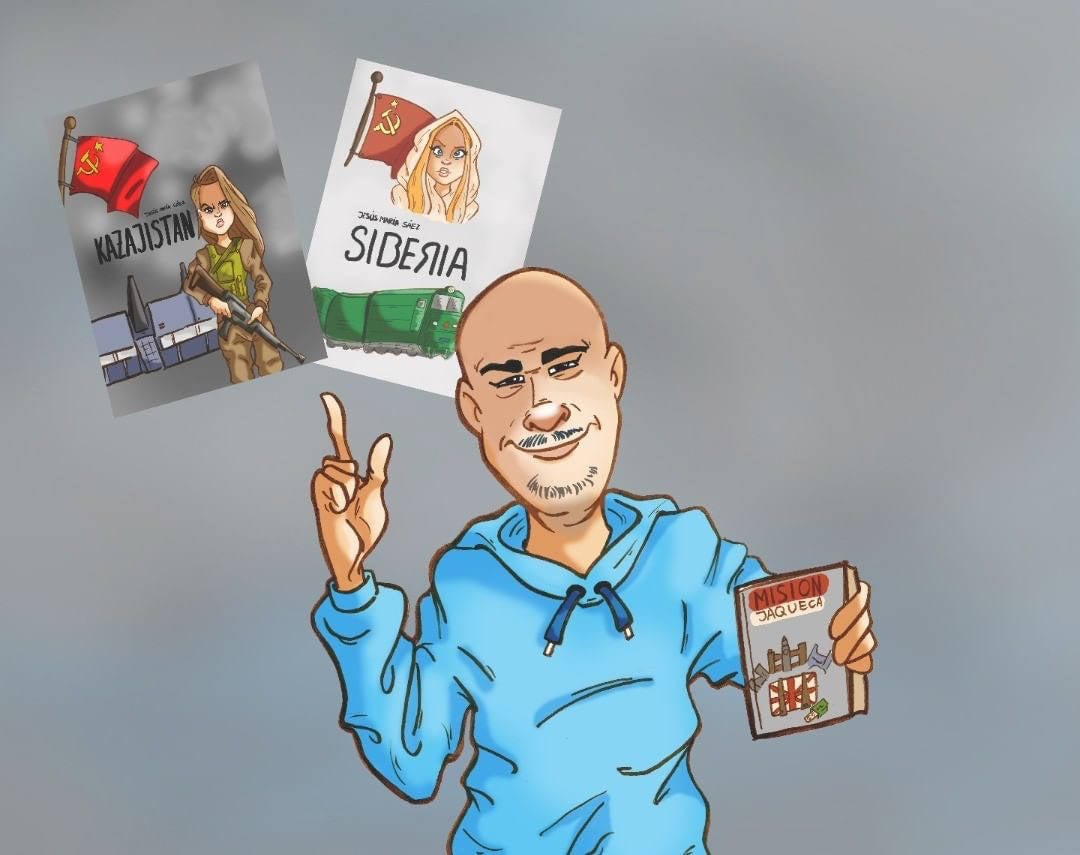 Caricatura de Sáez, con algunas de sus novelas..