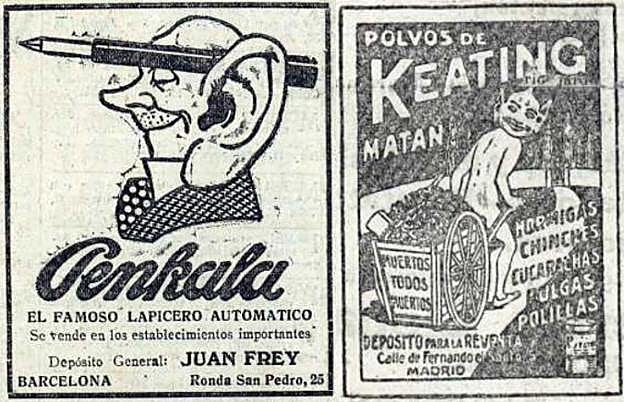 Otros dos anuncios publicados en la prensa local en julio de 1921: el «lapicero automático» Penkala (un portaminas) y los polvos insecticidas Keating.