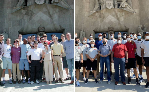 Montaje de las fotos del 2002 y del 2021 en la misma fachada de la Sagrada Familia