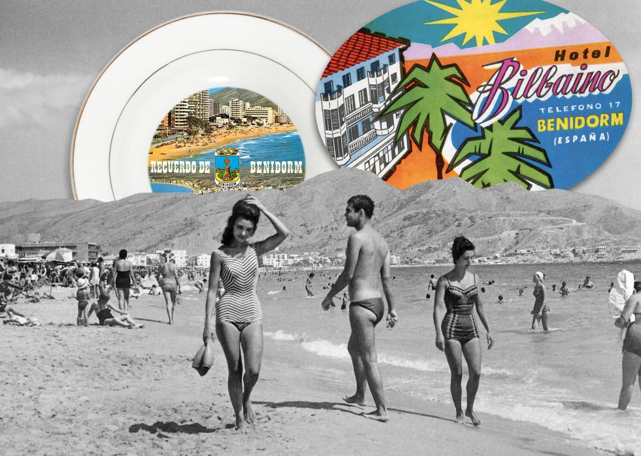 Playa de Levante (Benidorm) en los años 60, etiqueta del Hotel Bilbaíno y plato de souvenir. CC PD.