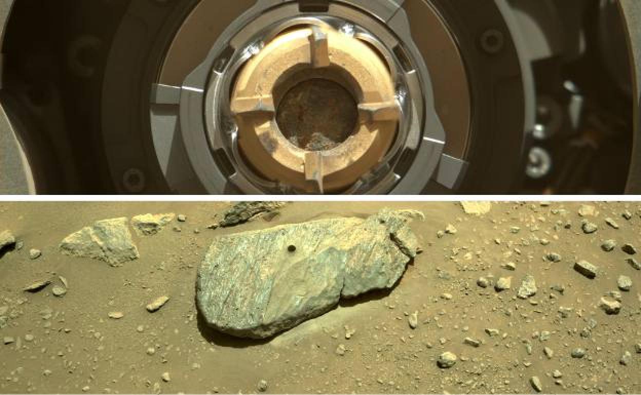 La muestra en el interior de un tubo en el todoterreno de la NASA y, abajo, la roca con el agujero hecho por 'Perseverance'. 