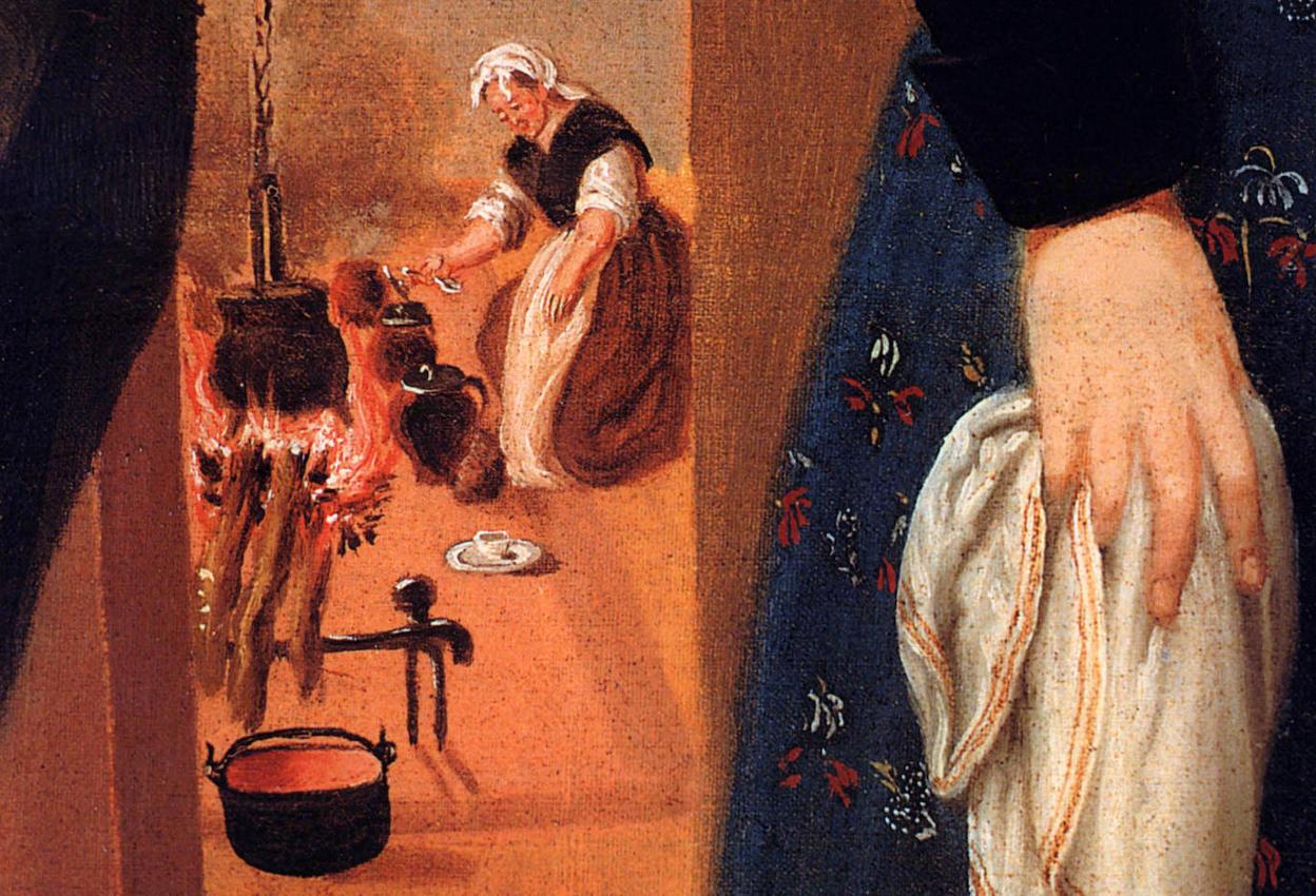 Cocina asturiana y detalle del retrato de dona María Teresa Álvarez Terrero (Francisco Xavier Hevia, ca 1804).