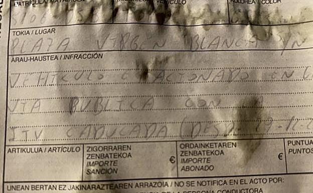 Una de la multas impuestas al vehículo que se usará en la presentación de la Semana de la Movilidad de Vitoria.