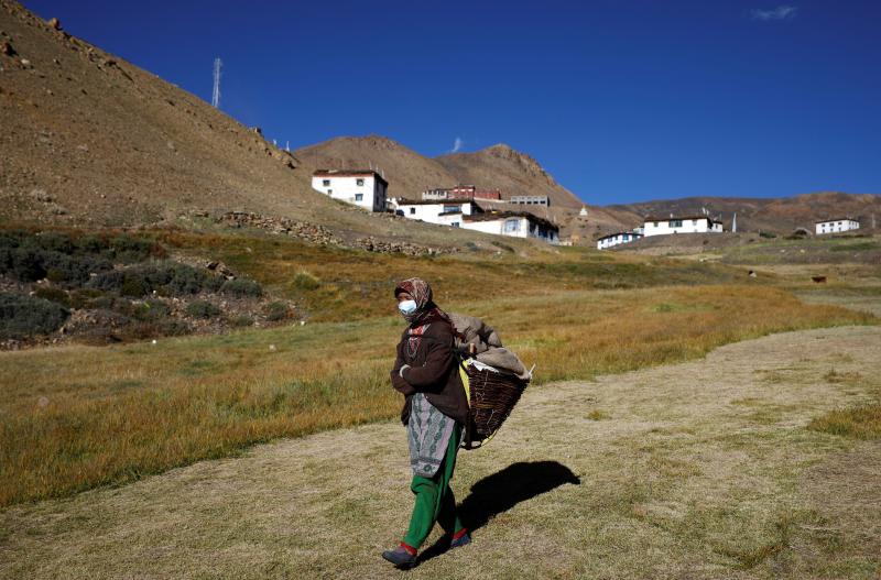 Una mujer lleva una canasta mientras camina para recolectar hierba en la aldea de Komic en el distrito de Lahaul y Spiti.