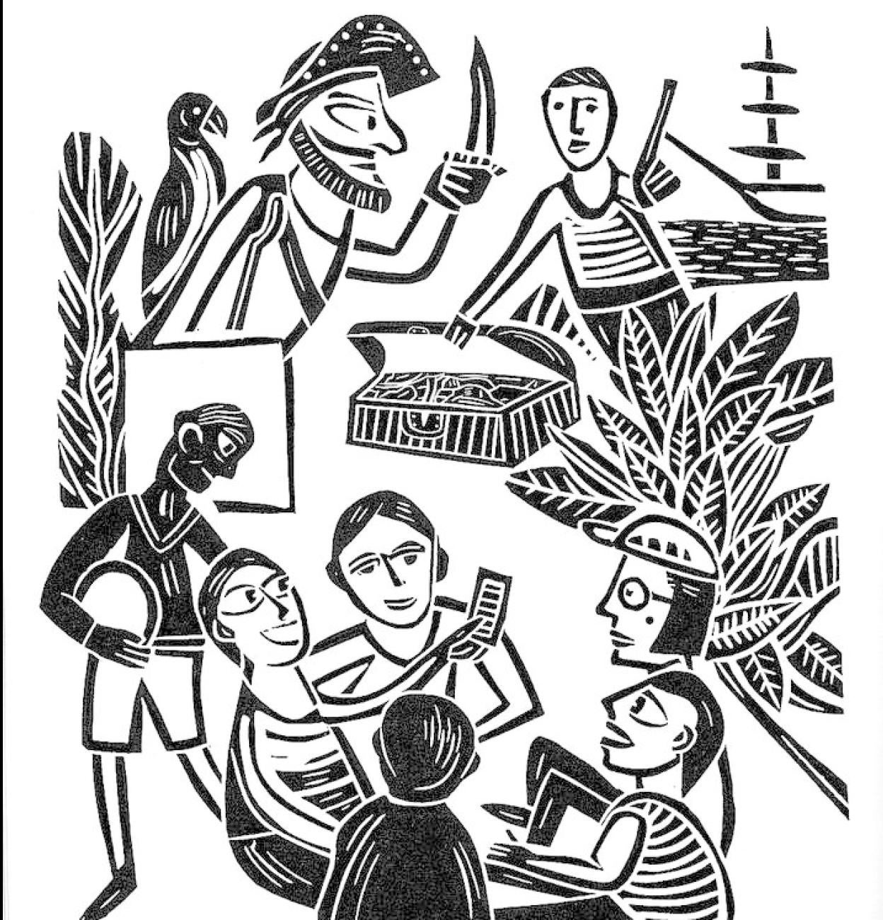 Los linograbados ilustran historias como la de la niña que hace vivir las películas a quienes no pueden pagar el cine y la del espiritista de O Grove. 