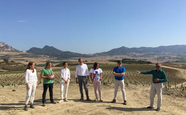 María Santolaya, Isidro Palacios, Esperanza Tomás, Agustín Santolaya, Lidia Martínez. Carlos Díez y Mario Rotllant, en el viñedo.