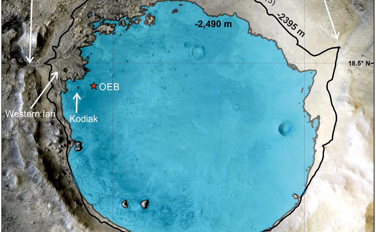 Jezero kraterra aspaldi urez betetako aintzira izan zeneko irudikapena. 