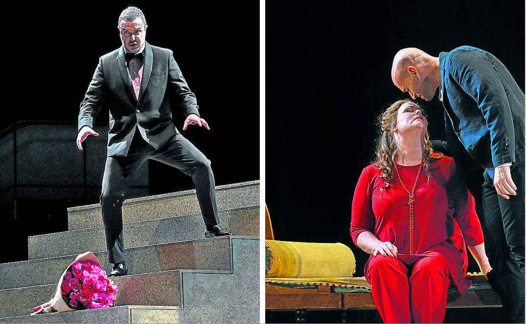 El típico triángulo. El bajo-barítono Simón Orfila (que canta cuatro roles en esta ópera) es el villano que se interpone entre los protagonistas. 