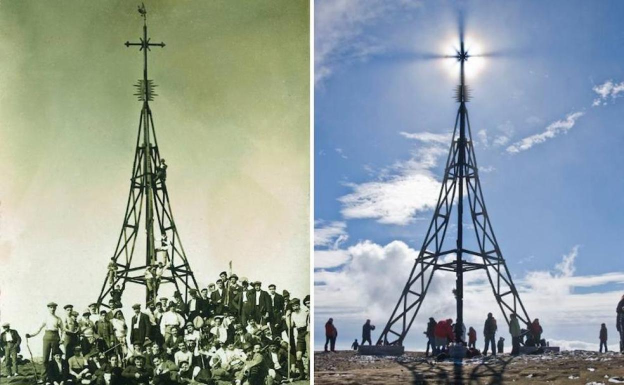 Imágenes de la tercera cruz; a la izquierda, en 1912, junto a los 50 expedicionarios de la primera subida del Club Deportivo Bilbao; a la derecha, la efigie en la actualidad. / ARCHIVO IÑAKI GARCÍA URIBE