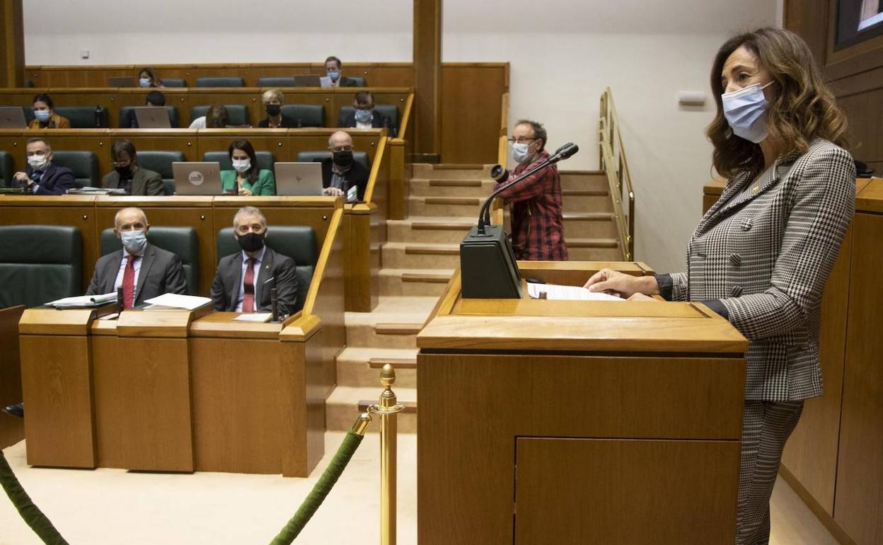 La consejera de Gobernanza Pública y Autogobierno, Olatz Garamendi, en el Parlamento Vasco esta mañana, antes de la votación que ha ratificado la ley. 