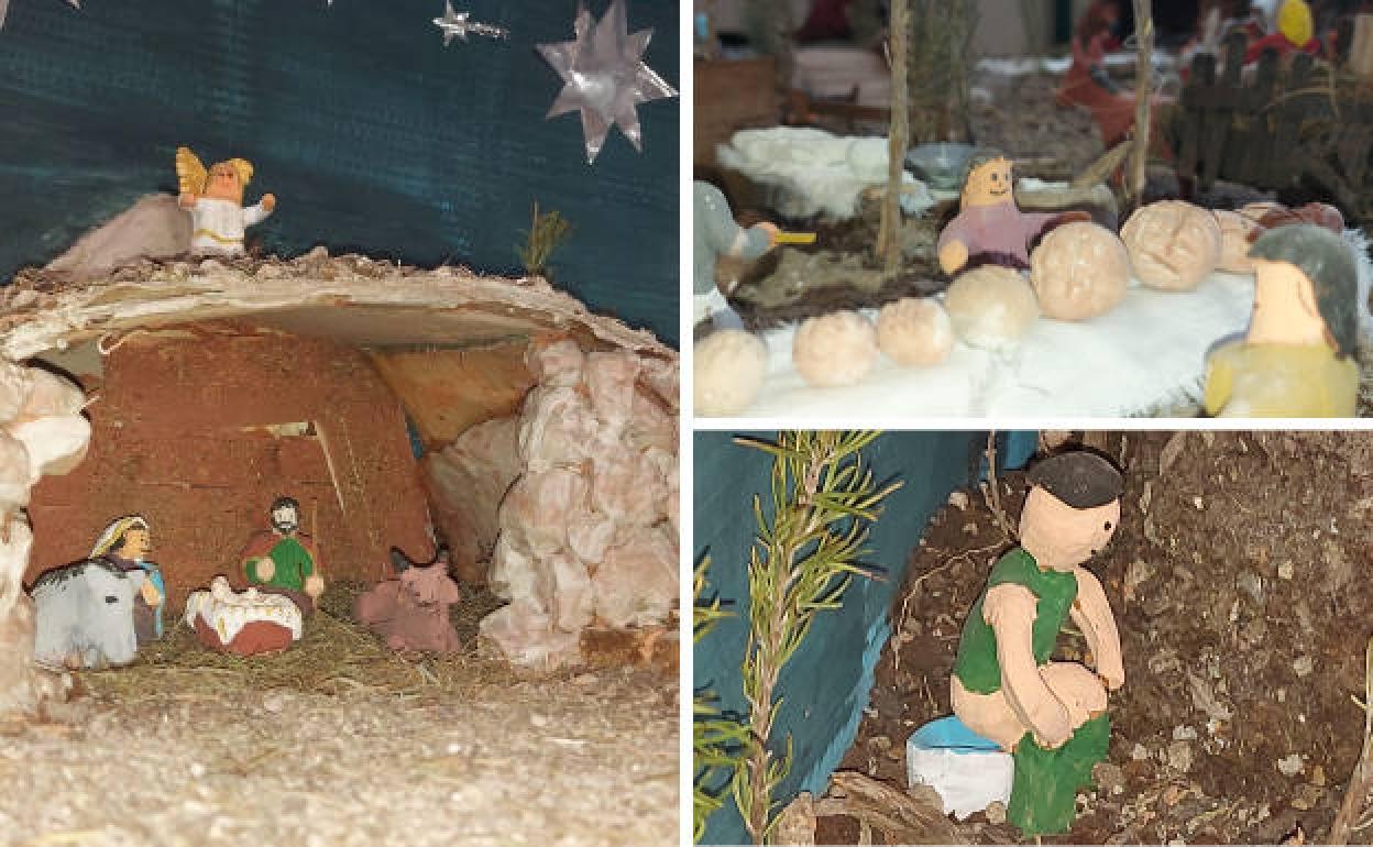 El portal del nacimiento, con materiales disponibles en el interior de la prisión alavesa. Arriba, un puesto de panes artesanos. Debajo, un 'caganer' en plena faena.