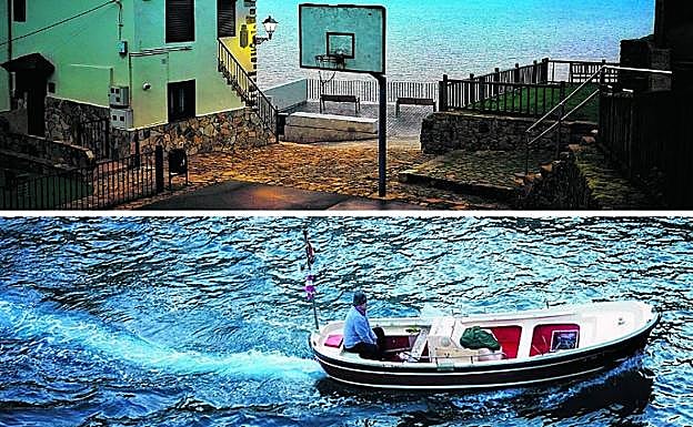 La cancha de baloncesto y una barca de regreso a puerto. 