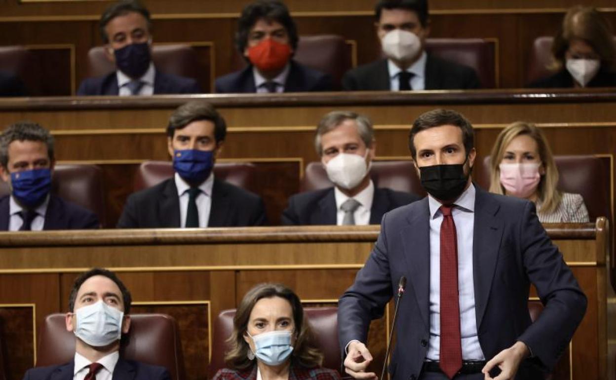 El líder del PP, Pablo Casado, interviene en una sesión plenaria en el Congreso de los Diputados 