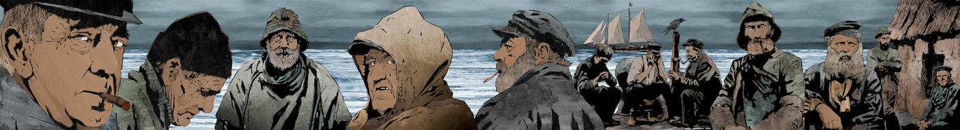 Ilustración que refleja el ambiente portuario del mundo de los mitos, donde habitan las personas que recordamos. 