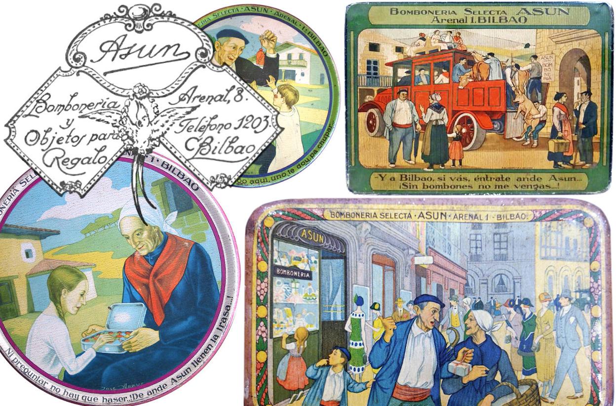 Logotipo original de la tienda y cajas de caramelos de Asun. 