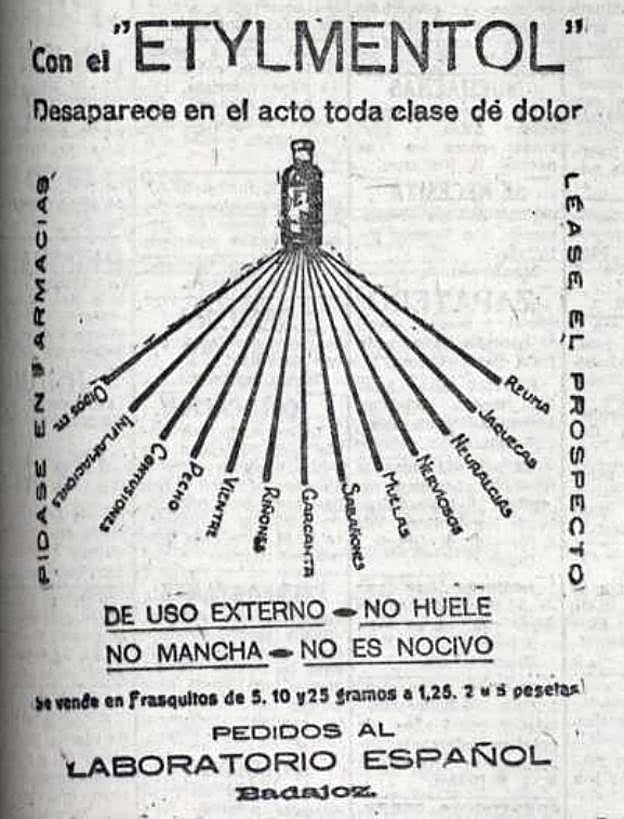 Anuncio de Etylmentol, elaborado en Badajoz y eficaz contra «toda clase de dolor».