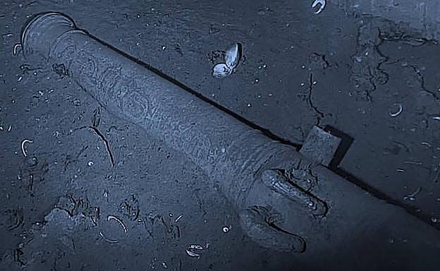 Uno de los cañones del San José, en buen estado de conservación, filmados por la Armada colombiana. 