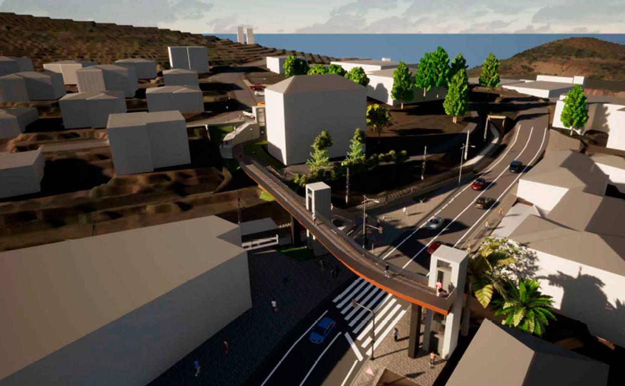 Infografía de la pasarela que ETS construirá en Zaldibar para salvar la N-634 y acceder a la estación del tren sin barreras. 