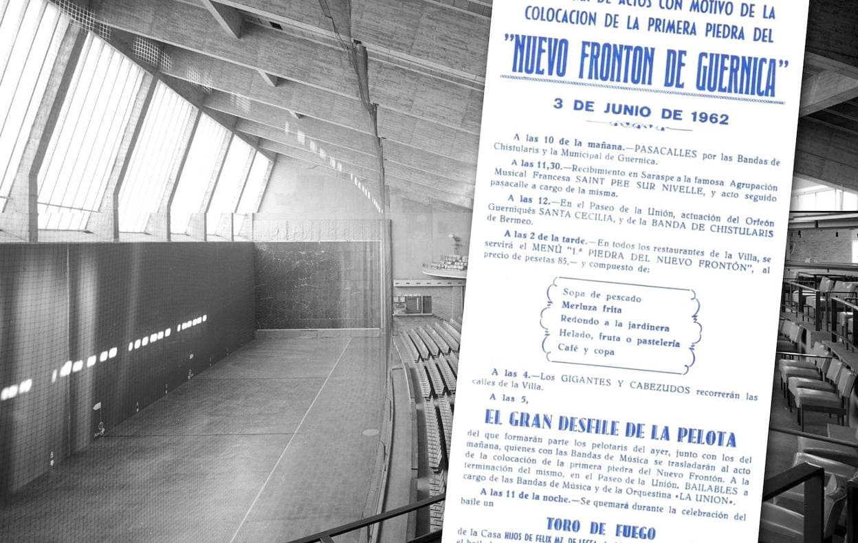 Frontón de Gernika en 1963 (foto Archivo Histórico de Euskadi) y programa de actos para la colocación de su primera piedra. 