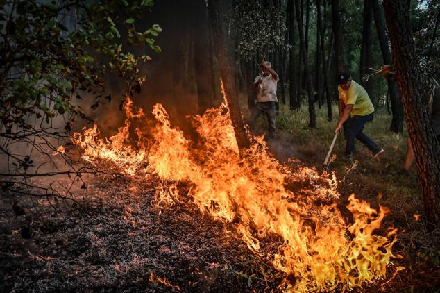 Vecinos pelean contra el fuego en Aventeira, en el distrito de Leiria. Las llamas han obligado a cortar la autovía A-1 entre Pombal y Leiria, donde se han movilizado 350 operativos, 103 vehículos y dos aviones.