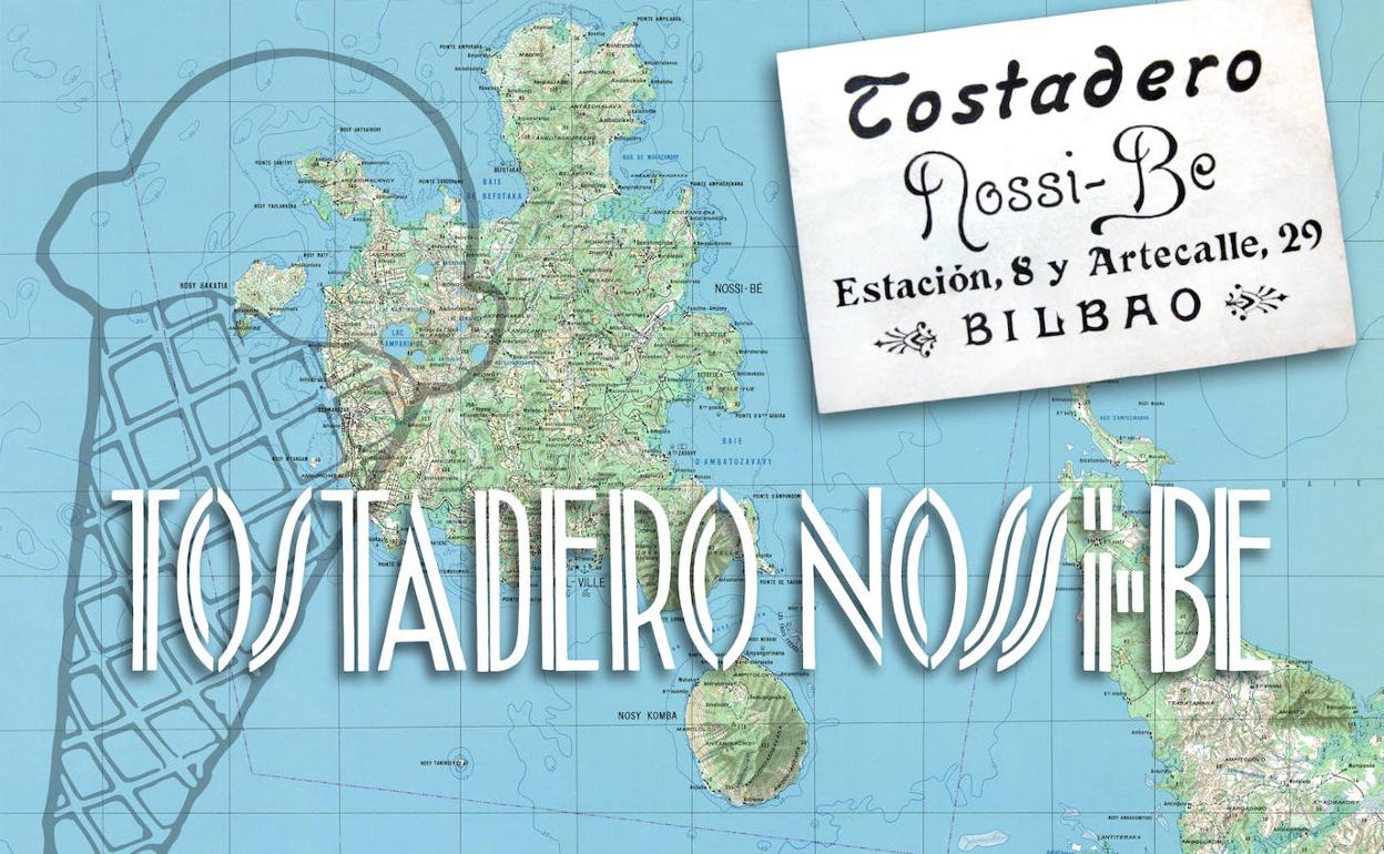Mapa de la isla de Nossi-Be (Madagascar), antiguo anuncio del tostadero y rótulo de la heladería Nossi-Be de Bilbao.
