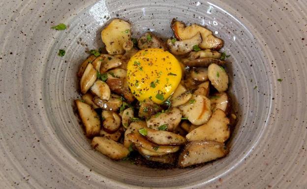 Hongos salteados con yema de huevo de caserío.