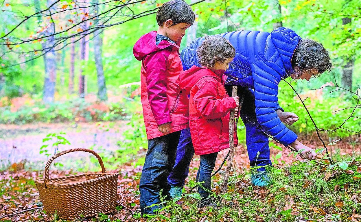 Con mucho cuidado. Alai y Laia miran con atención cómo su ama, Nagore, recoge una seta. 