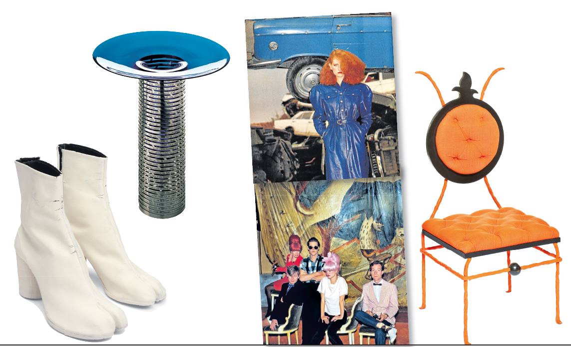 Bottines Tabi. Maison Martin Margiela (1989). Vase Lettera Amorosa. Sylvain Dubuisson (1988). Catálogo. Foto que ilustra la portada del catálogo de la exposición. Debajo, 'Les B-52's au Palace' (1983). A la derecha, Chaise Mobilier pour la Maison de Couture Christian Lacroix. Élizabeth Garouste et Mattia Bonetti (1987).