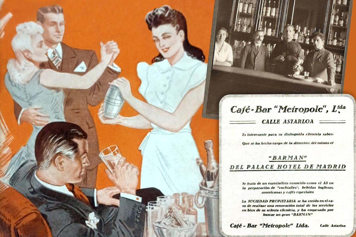 Portada de un libro sobre coctelería, fotografía del interior de un bar y anuncio del Café Bar Metropole en 1926. 