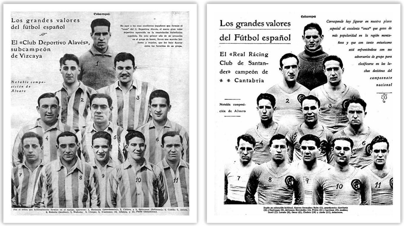 Los dos 'onces' del Alavés (izquierda) y Racing retratados en la revista 'Estampa'. El plantel albiazul debutó en la Copa ante la escuadra santanderina el 5 de febrero de 1928. 