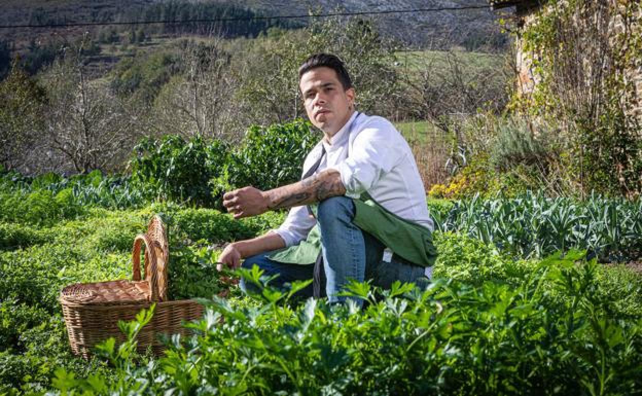El cocinero recorre las lindes de las huertas cercanas al restaurante Erro para recoger las cerca de 40 especies comestibles que aprovecha para su menú.