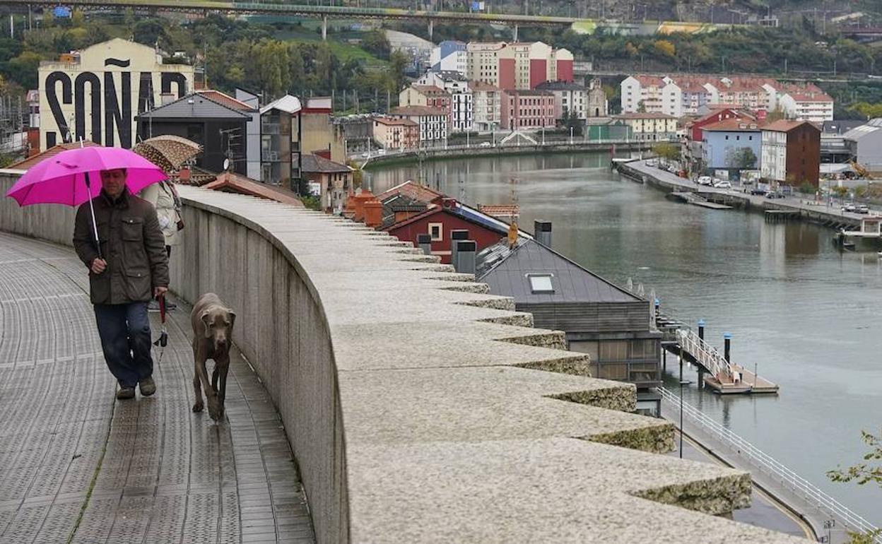 Un hombre pasea a su perro cerca del punto donde arrancará el puente que unirá Olabeaga y Zorrozaurre.