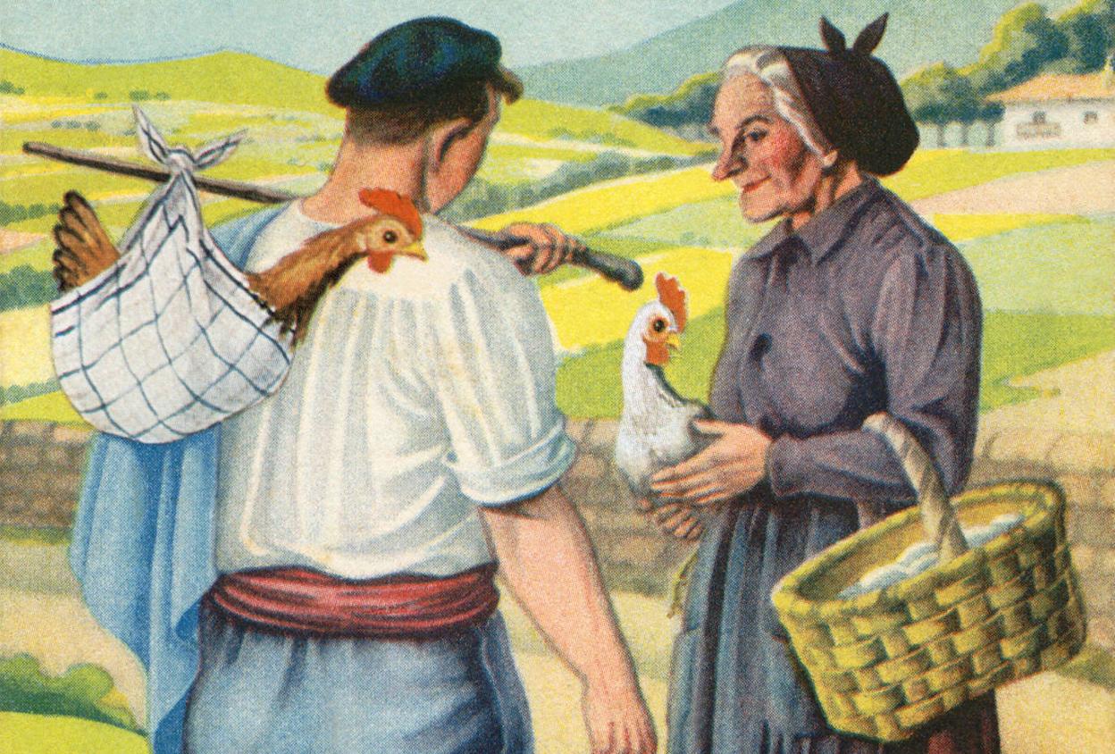 Postal costumbrista con baserritarras con pollos y gallinas. 