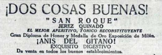 Publicidad conjunta del Anís del Gitano y el jerez quinado San Roque.