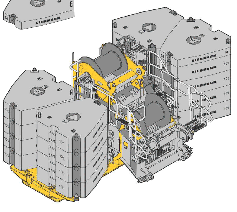 Los contrapesos, de 204 toneladas en este caso, se sitúan a ambos lados de la reductora del cabrestante.