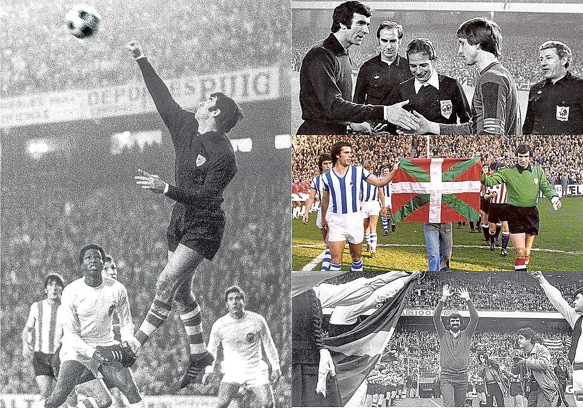Iribar despeja de puños en un partido con el Valencia. Saludo protocolario con Johan Cruyff. La ikurriña en el viejo Atotxa. El día de su inolvidable homenaje.