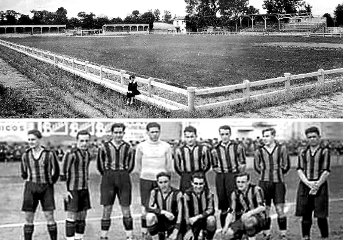 Panorámica de Mendizorroza ya con hierba natural a mediados de los años 20. Debajo, una alineación del Sestao Sport de aquella época.