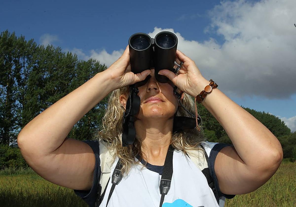 Una mujer observa a las aves de Salburua.