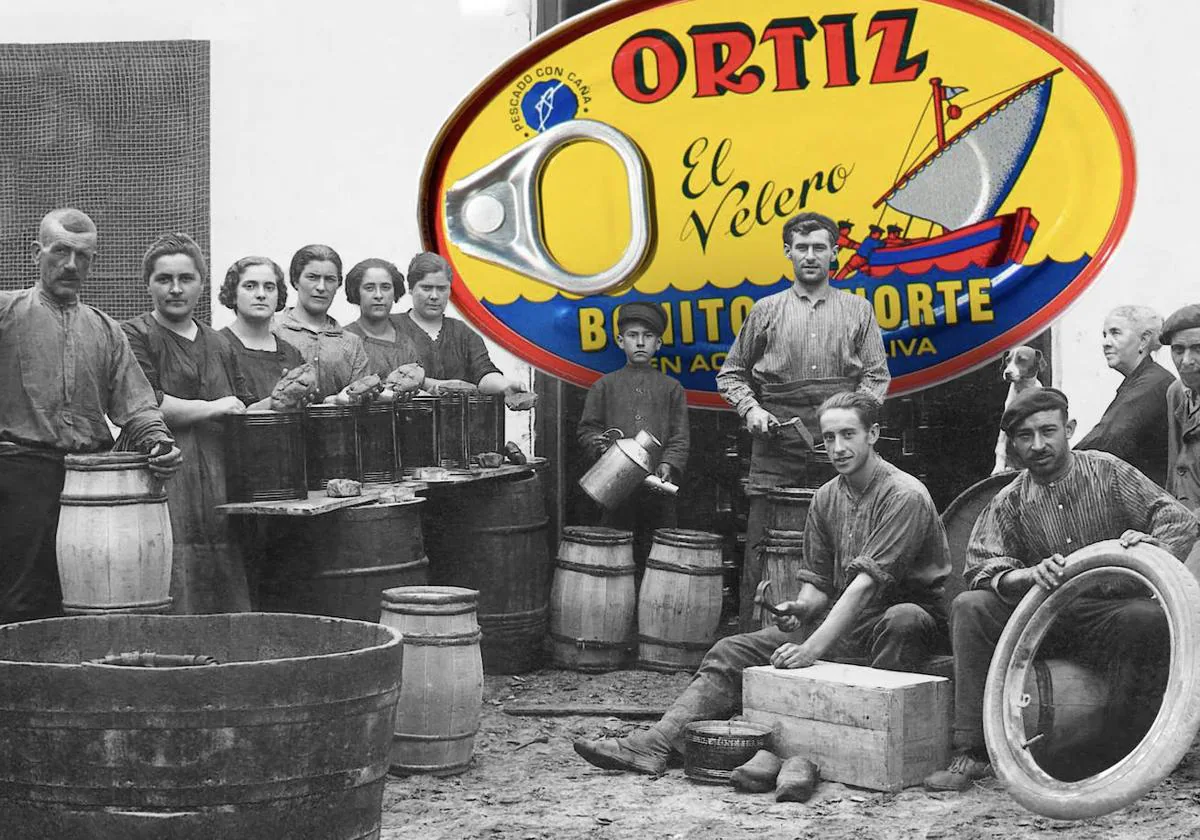Lata de bonito Ortiz y operarios de la fábrica en torno a 1920 (web Conservas Ortiz).