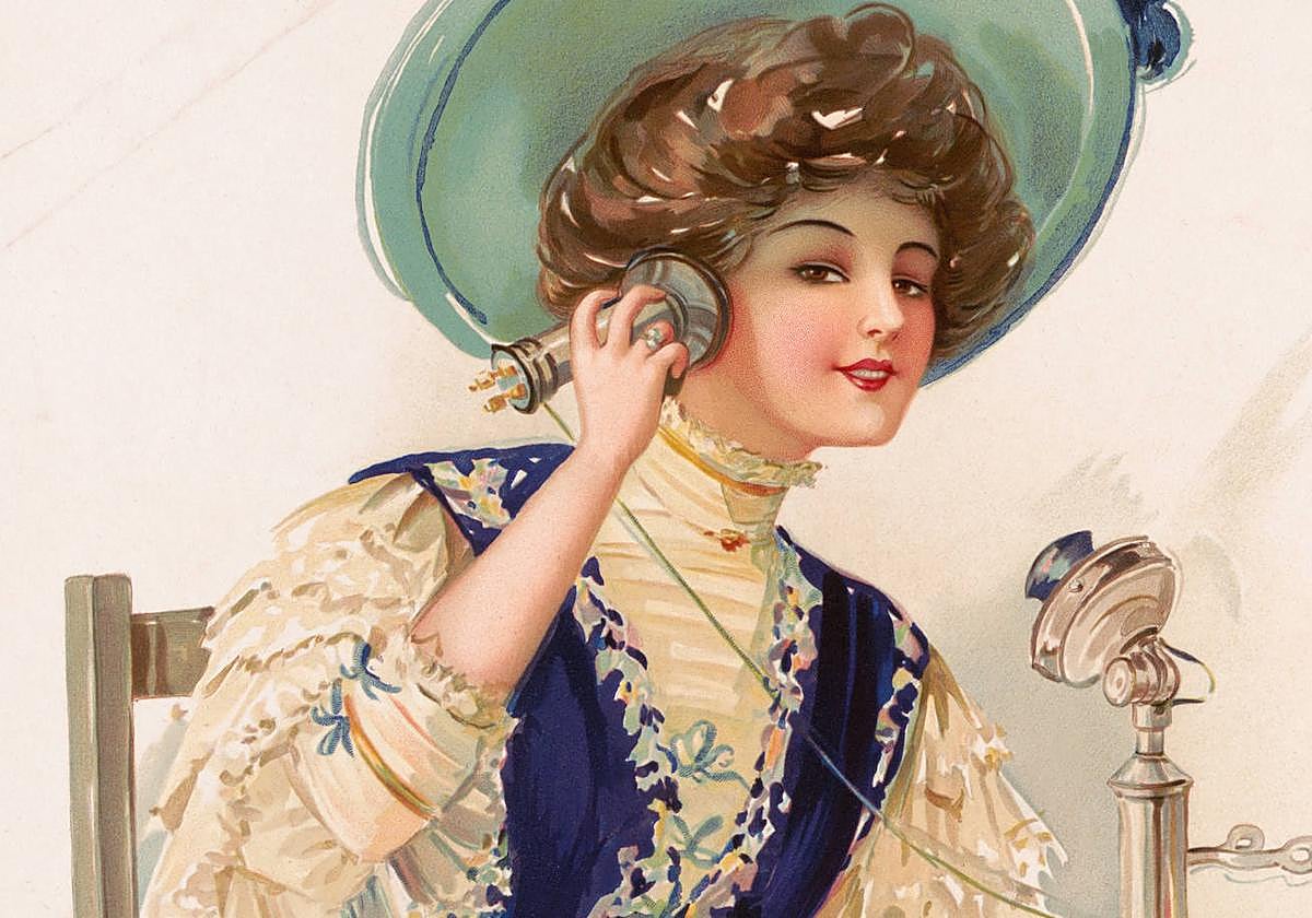 Mujer hablando por teléfono, ilustración del siglo XIX.