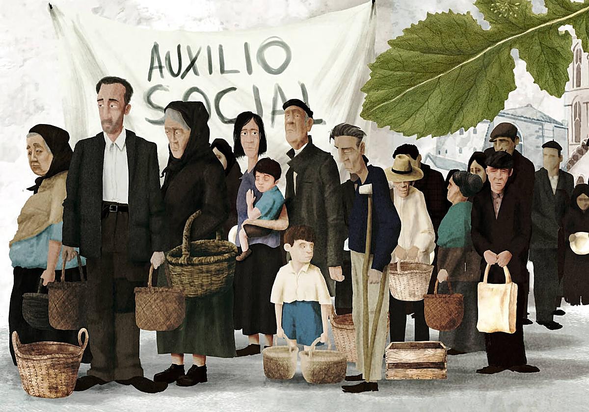 Hoja de nabo y cola para el racionamiento (ilustración de José Carlos Sampedro para 'Las recetas del hambre').