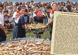Postal del Concurso de Paellas de Getxo y receta del arroz a la valenciana de Julene Azpeitia (1925).