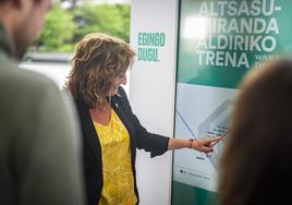 Eva López de Arroyabe señala el recorrido del tren social planteado por EH Bildu.