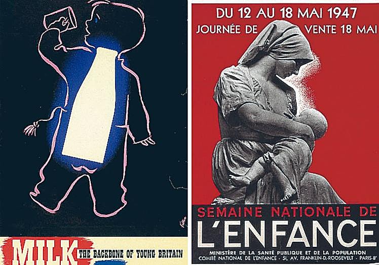 1. Cartel sobre alimentación infantil, año 1943. 2. Cartel de la Semana de la infancia en Francia, 1947.