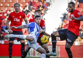 Benavídez intenta golpear el balón agarrado por Maffeo y ante la imponente presencia de Larin.