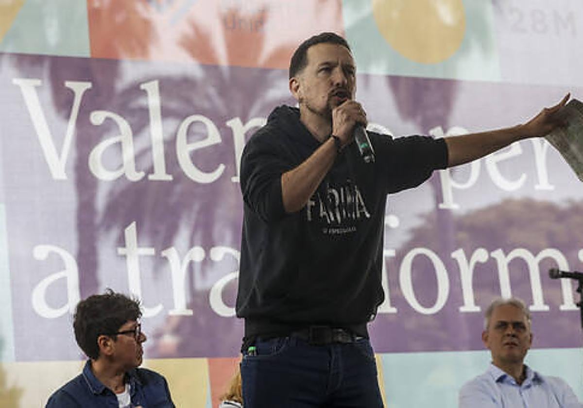 Iglesias en un mitin de Unides Podem-Esquerra Unida en Valencia durante la pasada campaña del 28-M.