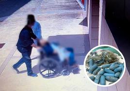 Fotograma de los detenidos abandonando al joven en el ambulatorio. Imagen de las cápsulas de droga halladas en su estómago.