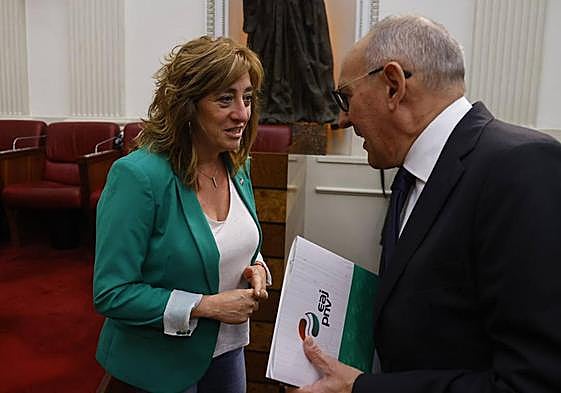 Ramiro González charla con Eva López de Arroyabe minutos antes del inicio del pleno de investidura en las Juntas Generales de Álava.