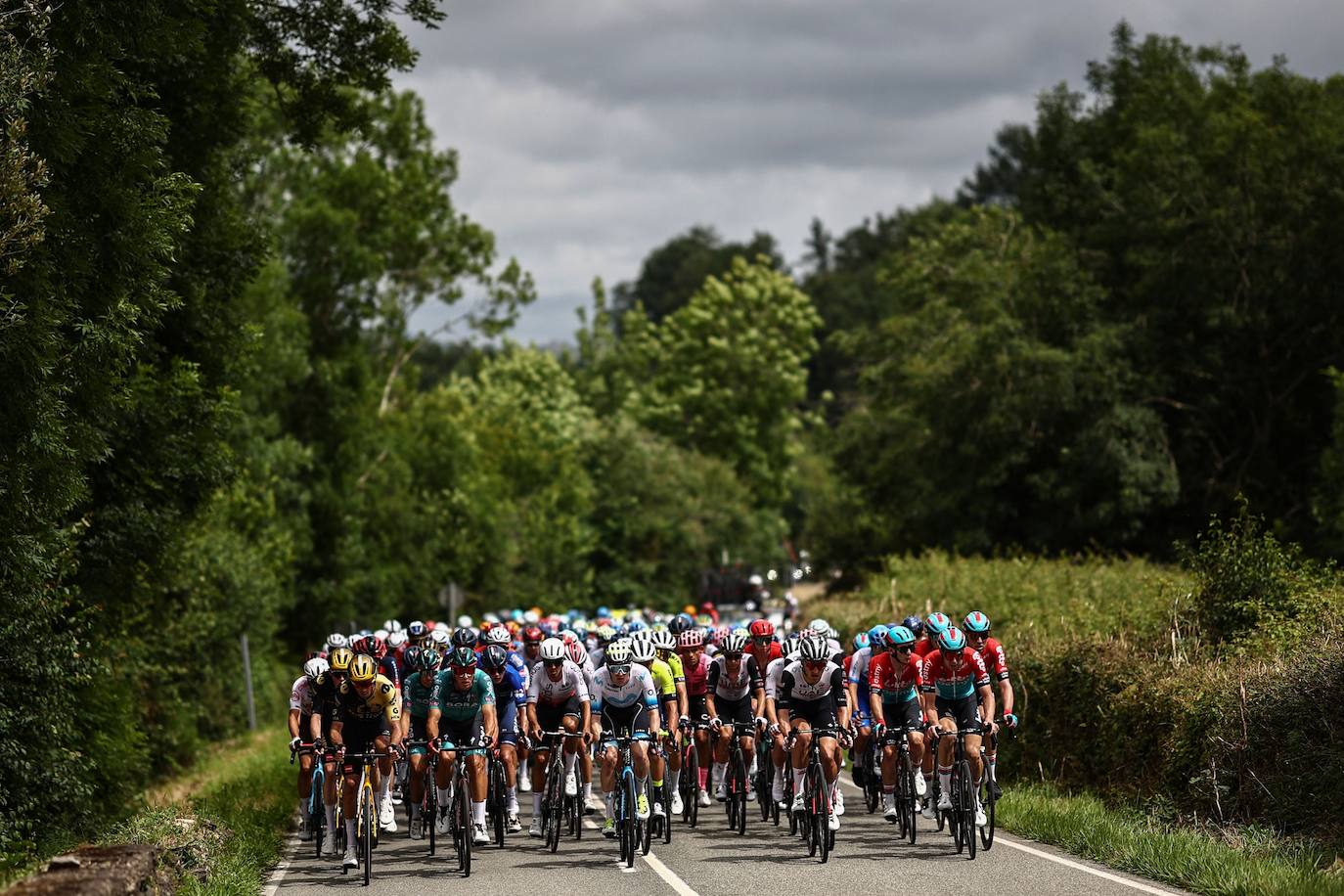 El verde del paisaje vizcaíno se ha fundido con los coloridos maillots de los ciclistas dejando imágenes como esta.