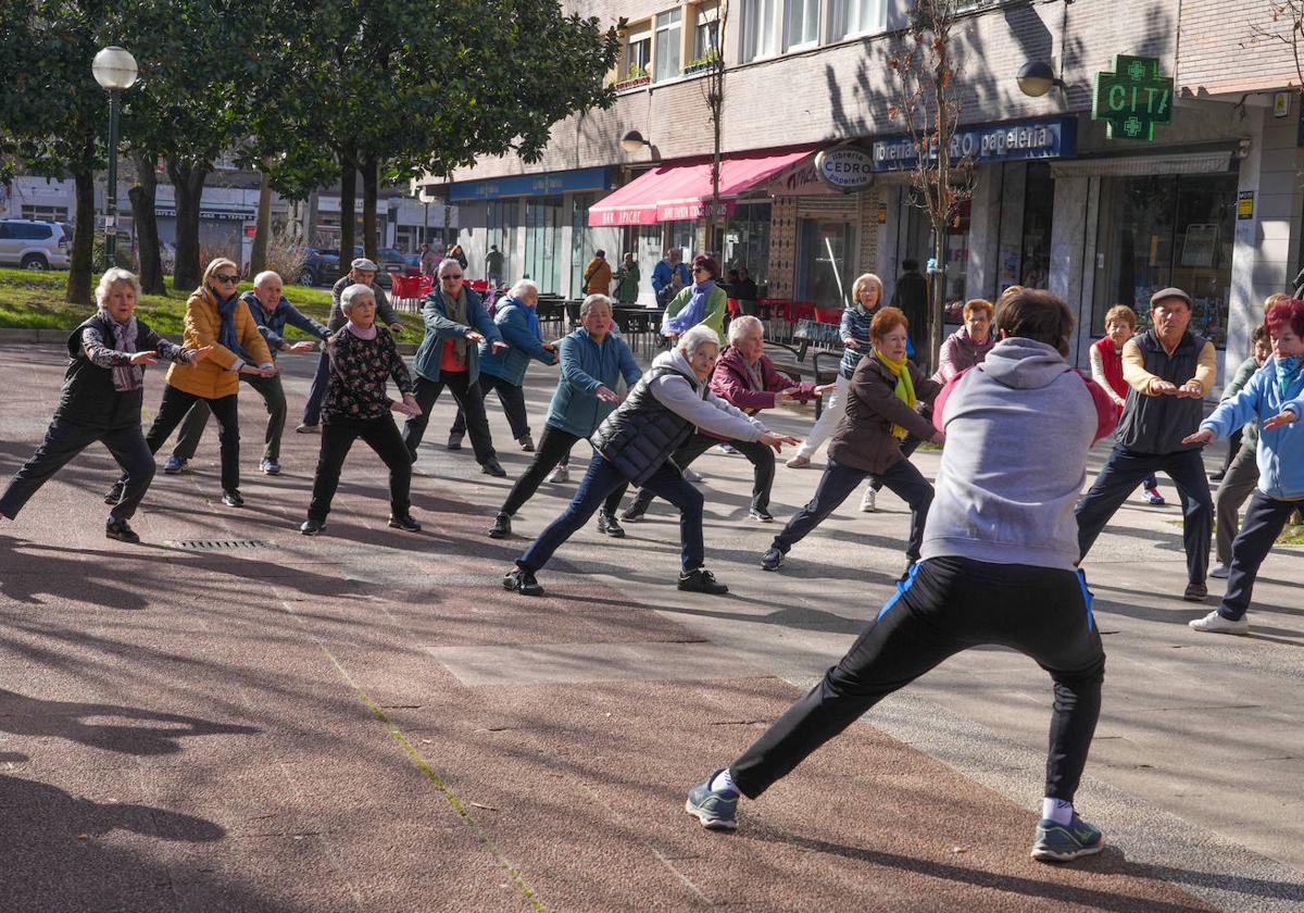 Mayores hacen gimnasia en el barrio de El Pilar, en Vitoria.